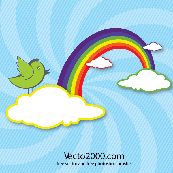 Rainbow with Clouds and Bird Vector Card Design Free
