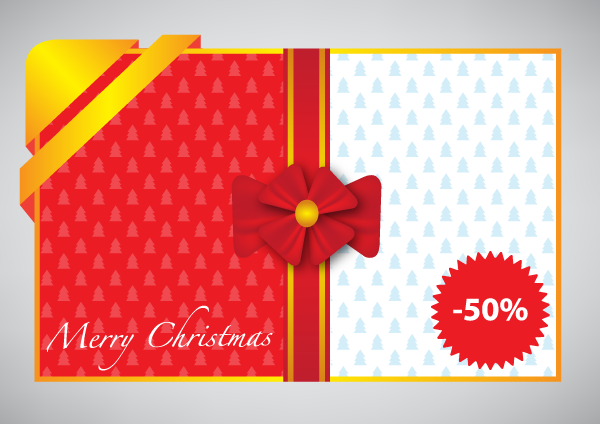 Merry Christmas Gift Card With Red and Gold Ribbon Vector Illustration