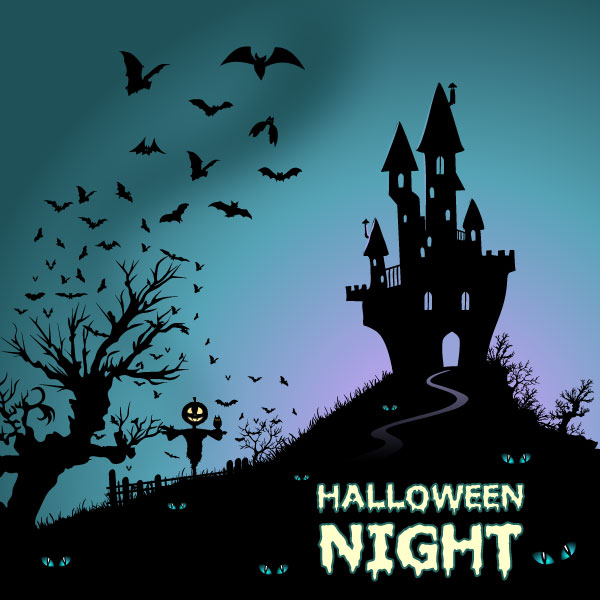 Happy Halloween Background with Haunted House and Bats Vector Free