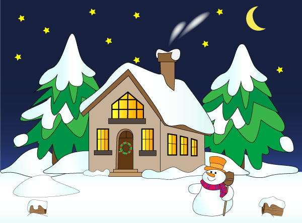 Vector Christmas Winter Landscape with House In Snow, Snowman, Pine Trees