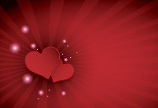 Happy Valentine’s Day Red Hearts on Sunburst Background Design