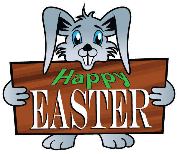 Easter Bunny Holding a Wooden Signboard with Happy Easter Text