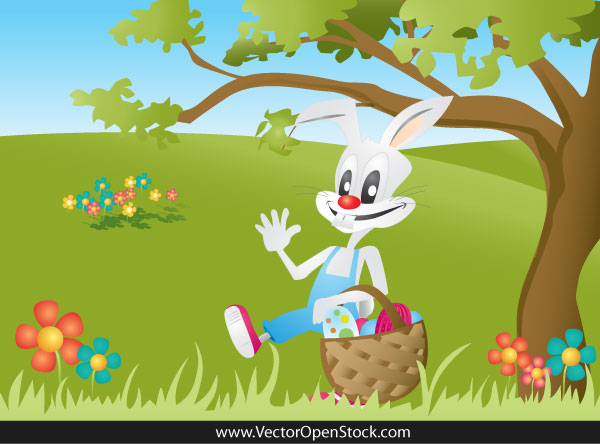 Cartoon Bunny Carrying a Easter Eggs basket on Landscape Vector