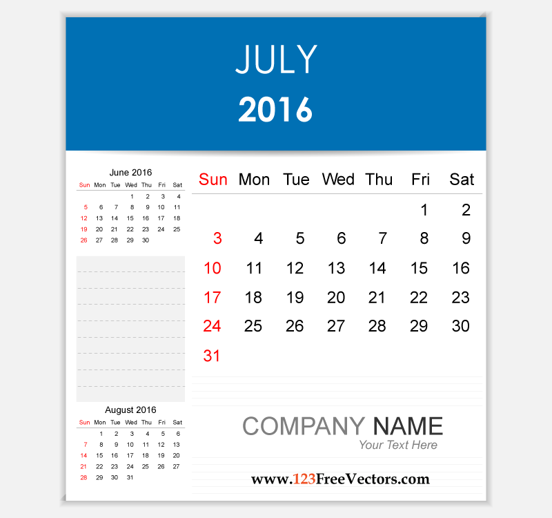 Editable Calendar July 2016