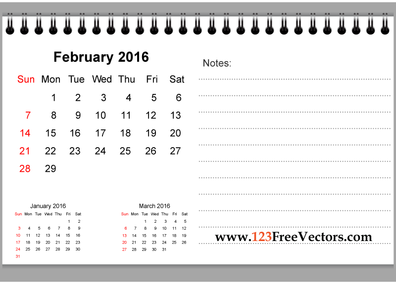 February 2016 Printable Calendar with Notes