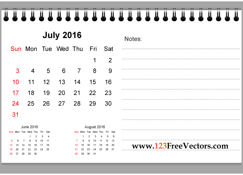 July 2016 Printable Calendar with Notes