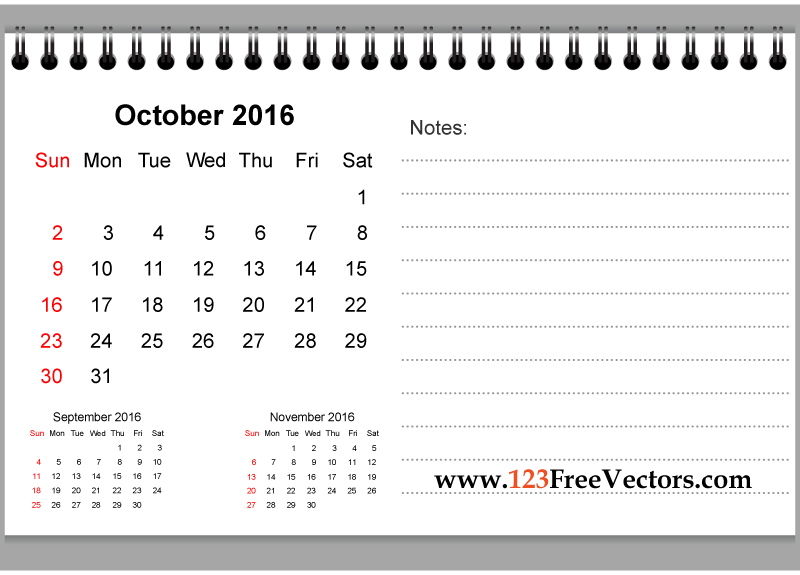 October 2016 Printable Calendar with Notes