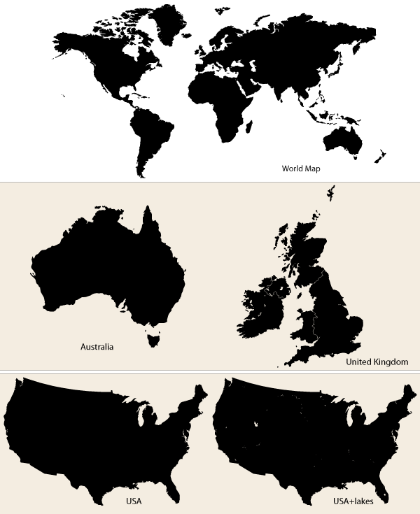 Vector Maps: World Map, Australia, UK and USA