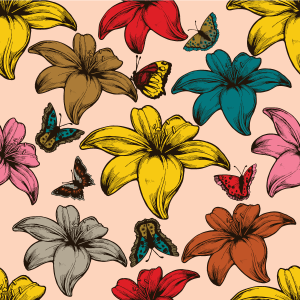 Free Vector Flowers and Butterflies Seamless Pattern