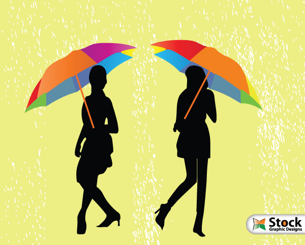 Girls with Umbrella Walking in the Rain Vector Art