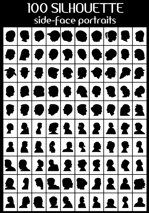 100 Side Face Portraits Silhouettes Vector