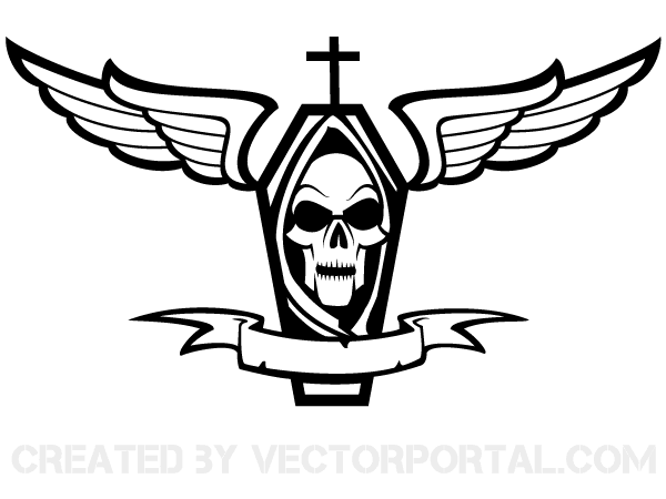 Coffin with Cross, Skull, Wings and Ribbon Vector