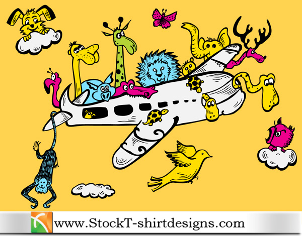 Cartoon Animals Riding Airplane With Free Vector Art Tshirt Design