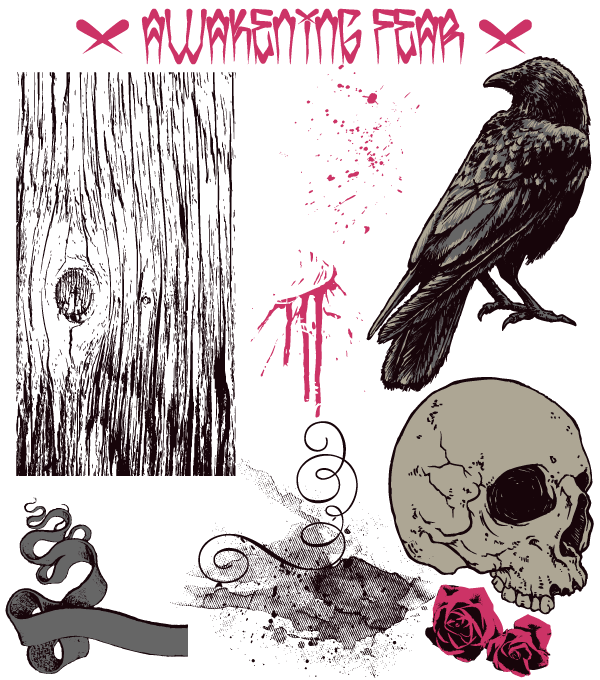 Vector T-Shirt Design with Skull, Scroll, Splatter, Crow, Rose and Wood Texture