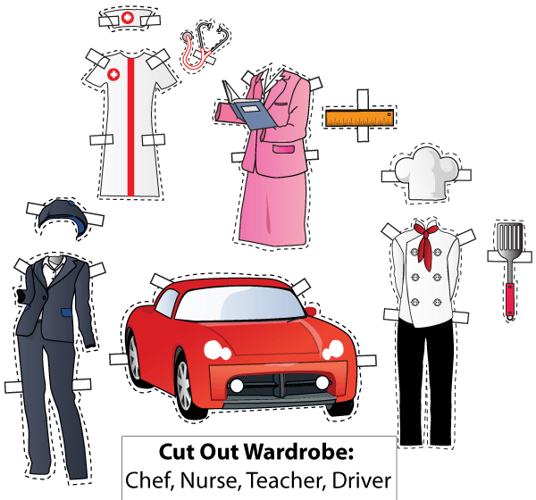 Cut-Out Wardrobe. Chef, Nurse, Teacher, Driver