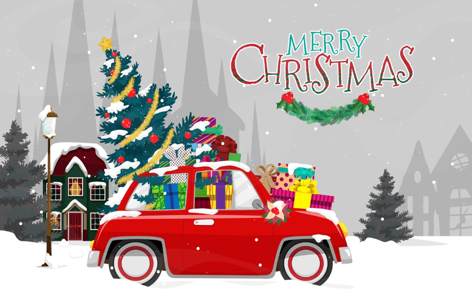 Merry christmas vector illustration retro pickup truck vintage style with christmas tree